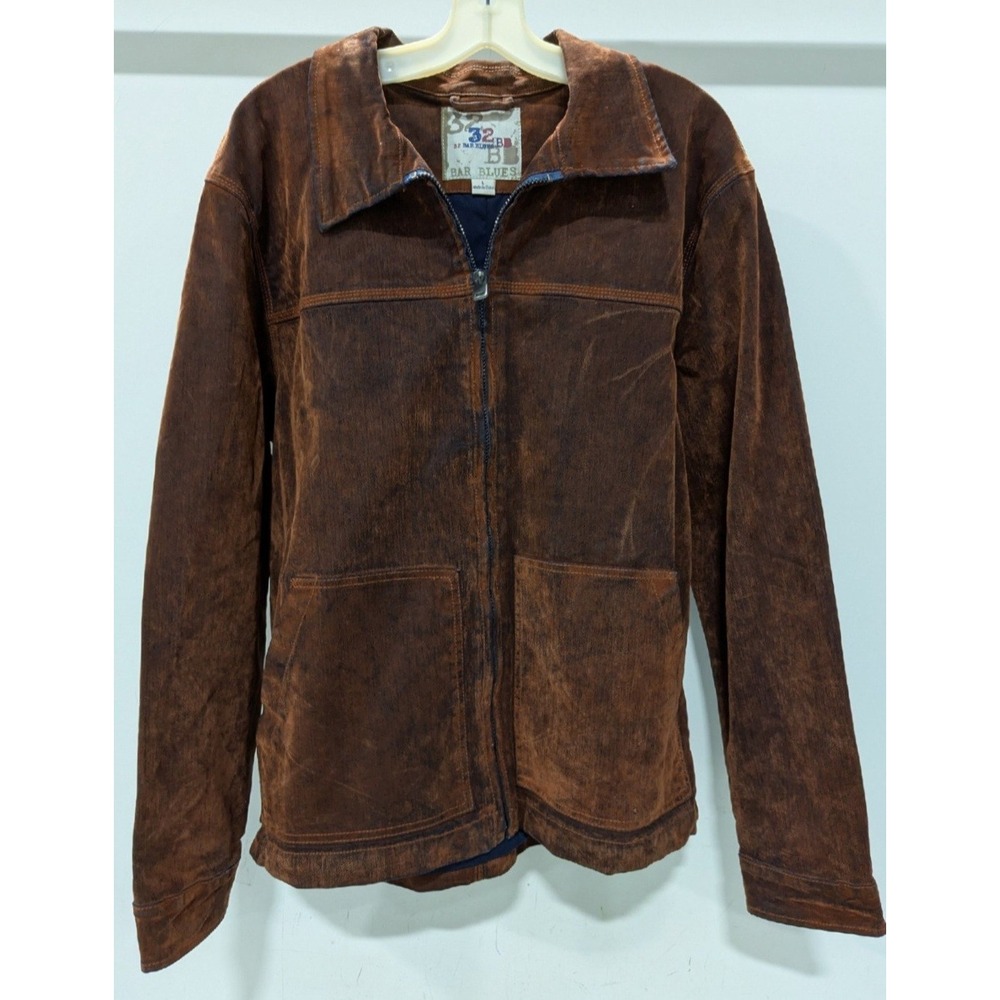 32 Bar Blues Jacket Mens Large Brown Excellent Zip Front Suede Distressed